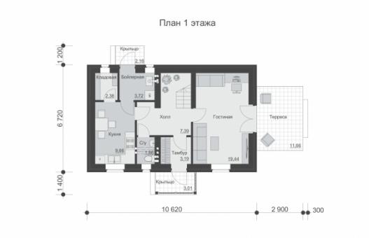 Одноэтажный дом с мансардой, террасой и тремя спальнями